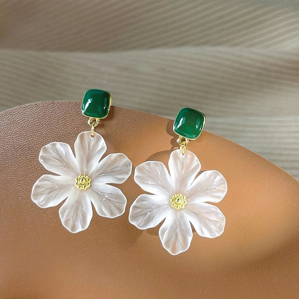 Dark green alloy drop earrings with sterling silver needle flowers design for women