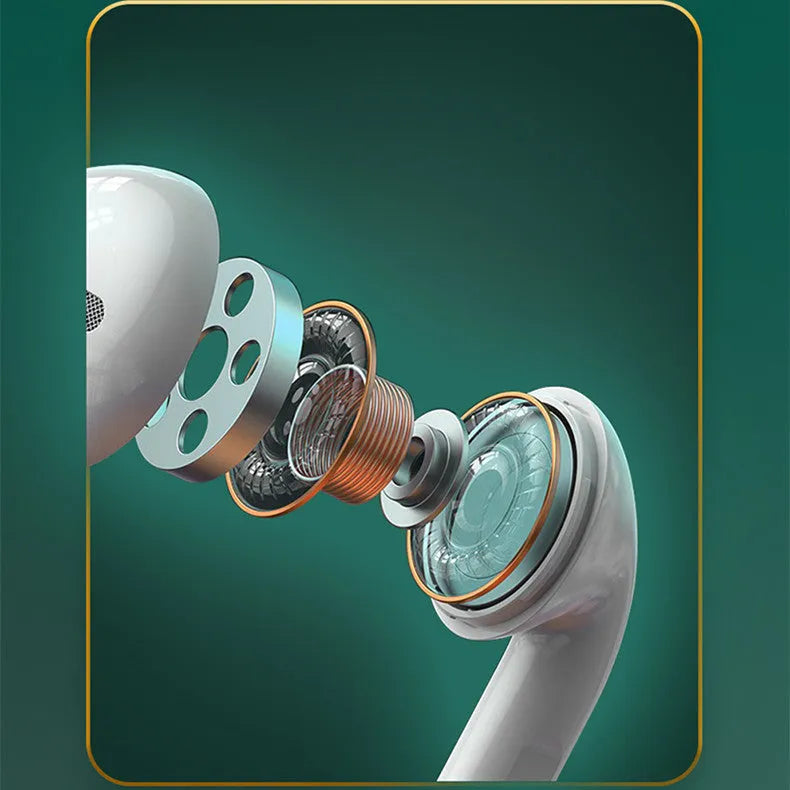 White Budz5 wireless Bluetooth earbuds with semi-in-ear design and matching charging case.