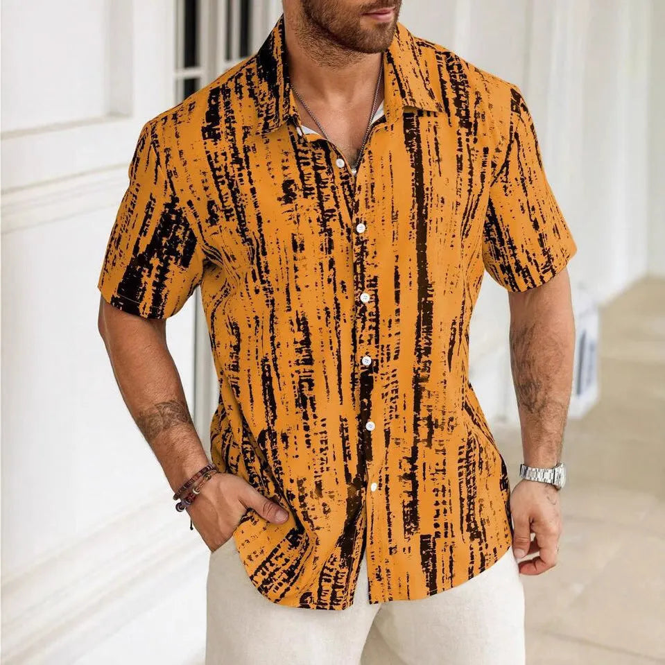 Men's short sleeve casual shirt with 3D printed stripe pattern in anti-wrinkle polyester fabric