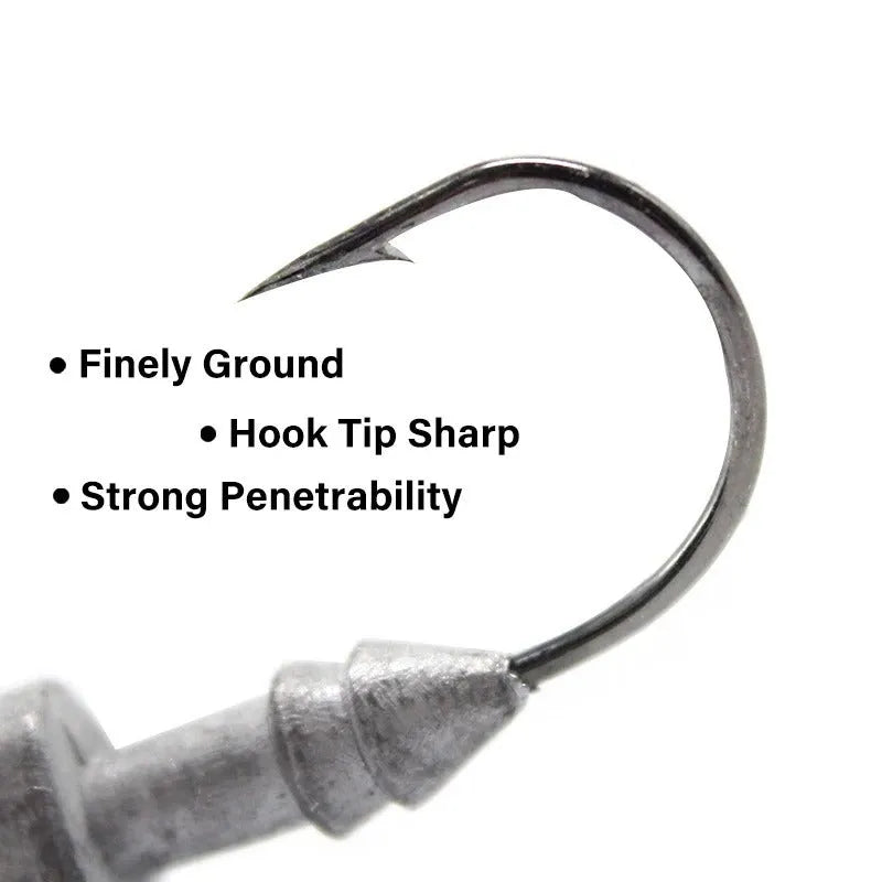 Simulation Yayu shaped lead head fishing jig hooks in blue, silver, yellow colours on a tackle background.