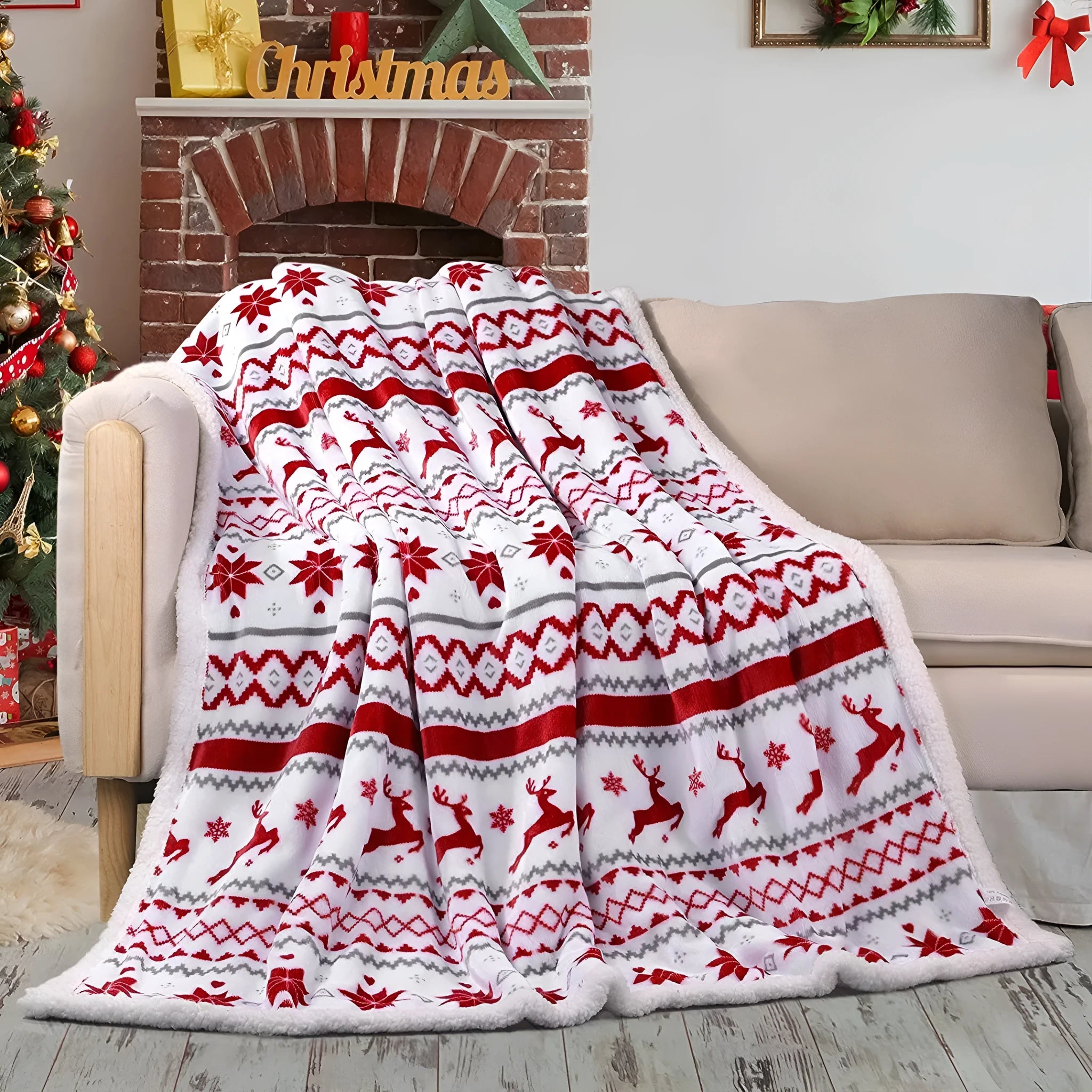 Thick flannel sherpa lambswool blanket 150x200cm in Elk Double White with cartoon anime pattern