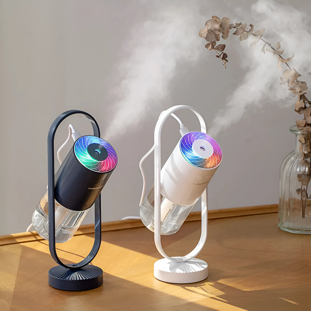 200ml portable USB humidifier with colourful light showing pink, dark blue, sky blue, and white colour options