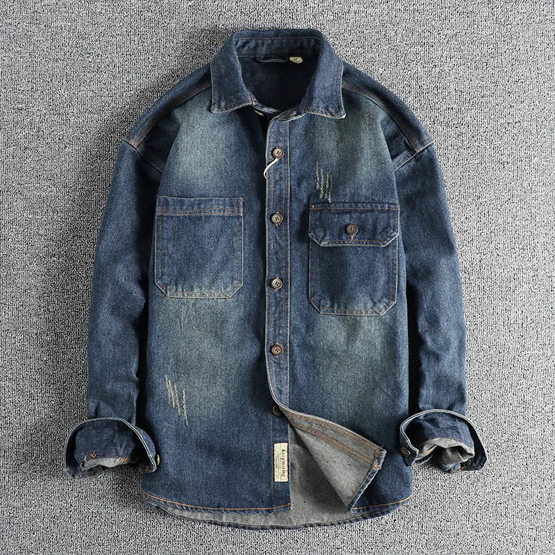 Men's light blue washed vintage denim shirt with long sleeves loose fit