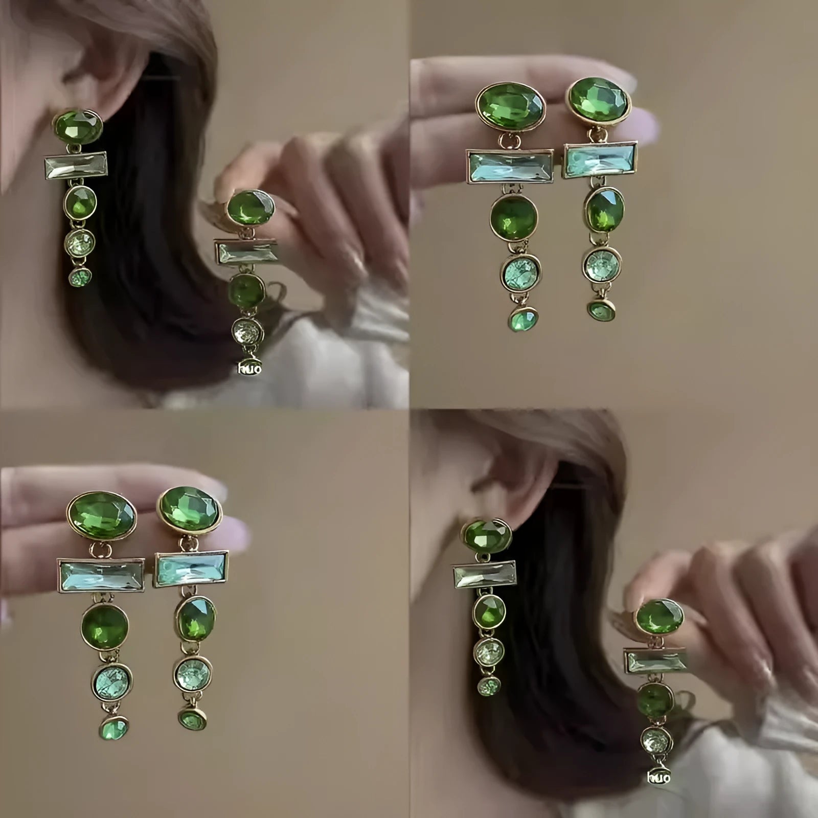 A pair of green gradient alloy earrings with geometric shapes, inlaid zircon stones, and decorative tassels.