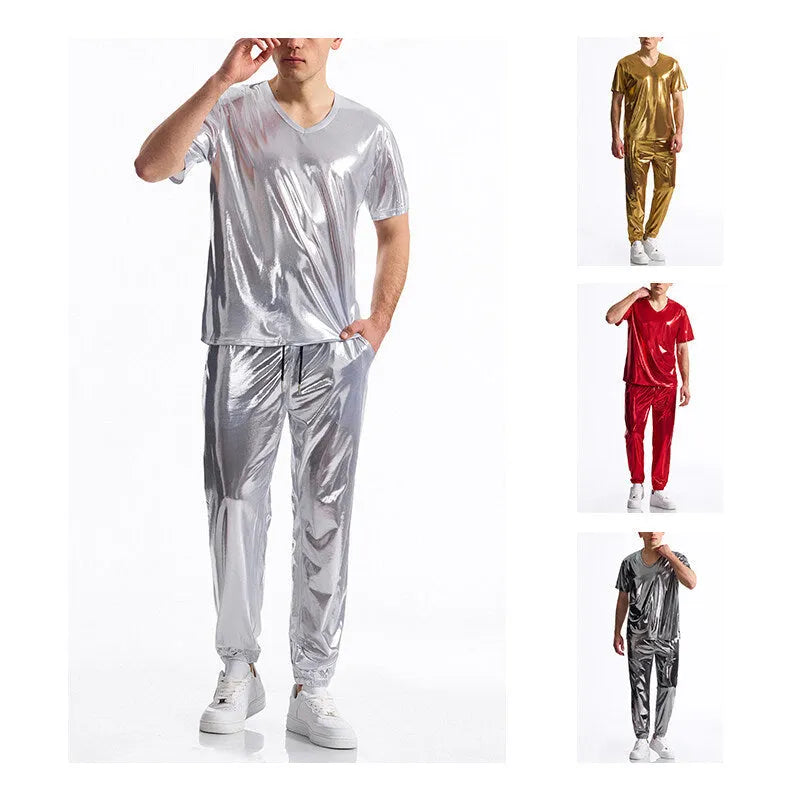 Men's bright surface bronzing disco suit with rabbit fur fabric, short sleeve t-shirt and shorts in silver colour