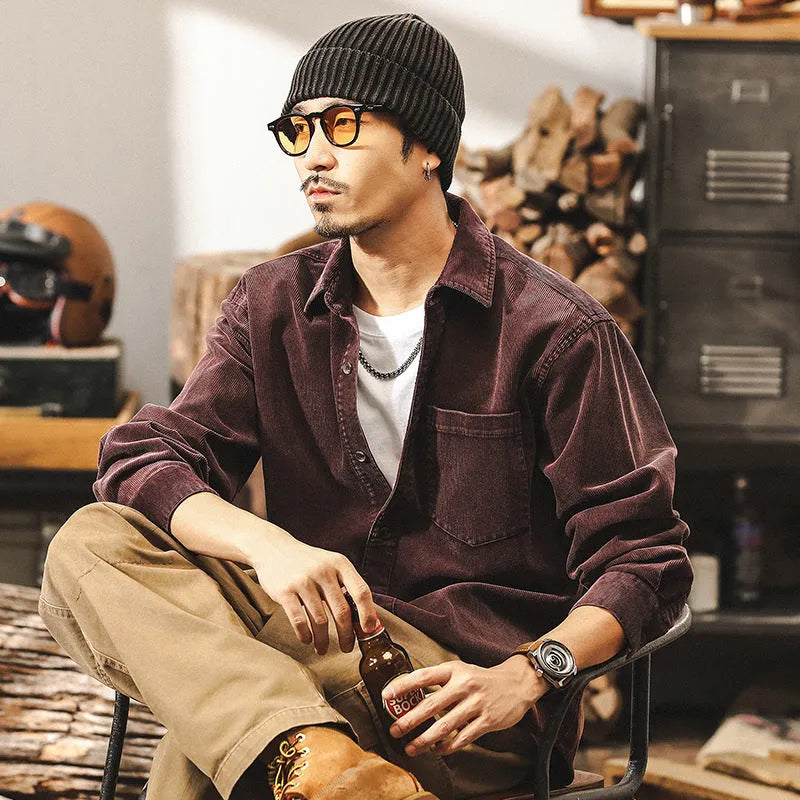 Men's red retro corduroy long-sleeve shirt jacket with a loose, casual fit.