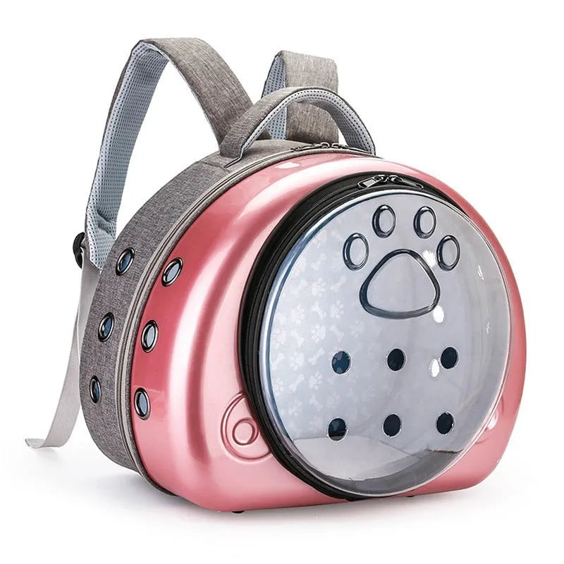 Transparent space capsule design cat carrier backpack with mesh panels in a metallic colour