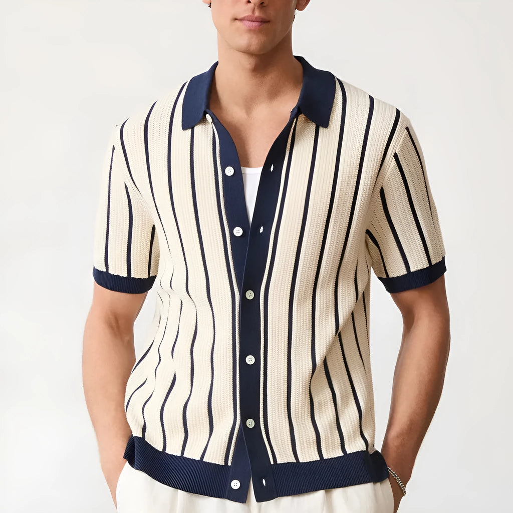 Men's white British style ice silk knitted top with asymmetrical lapel and short sleeves