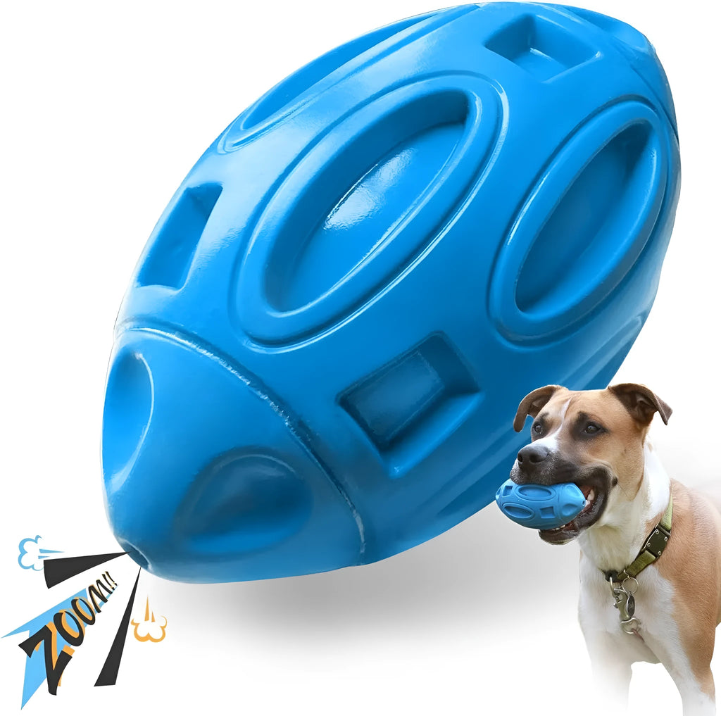 Blue, green, and orange natural rubber squeaky dog ball with textured surface grooves.