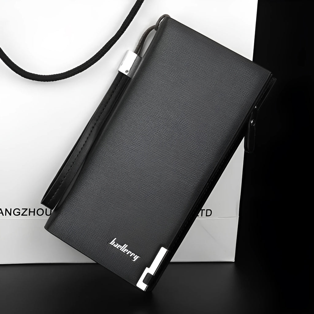 Men's black PU leather wallet with a long silver zipper closure shown open.