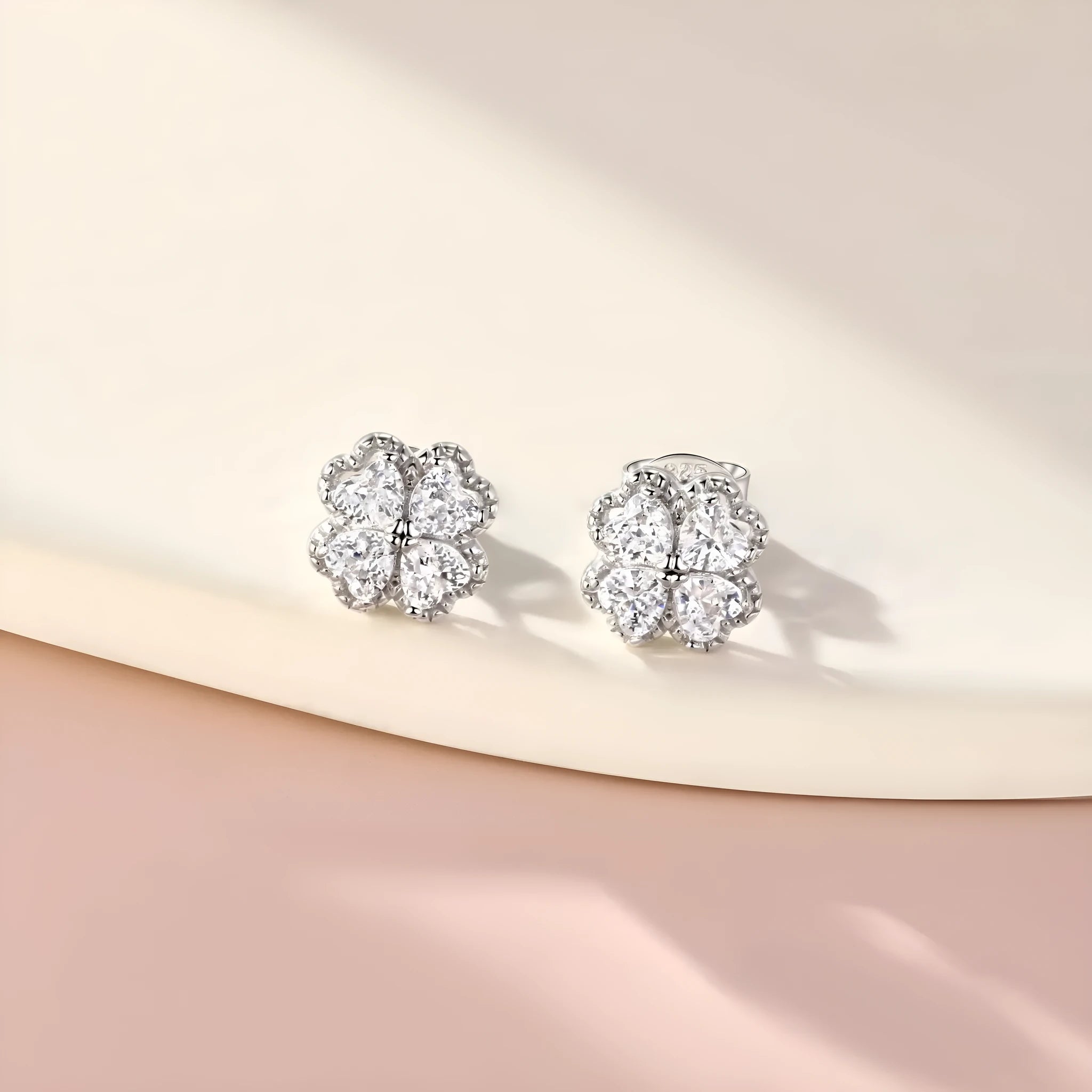 925 silver heart-shaped earrings with four-leaf clover design and zircon stones
