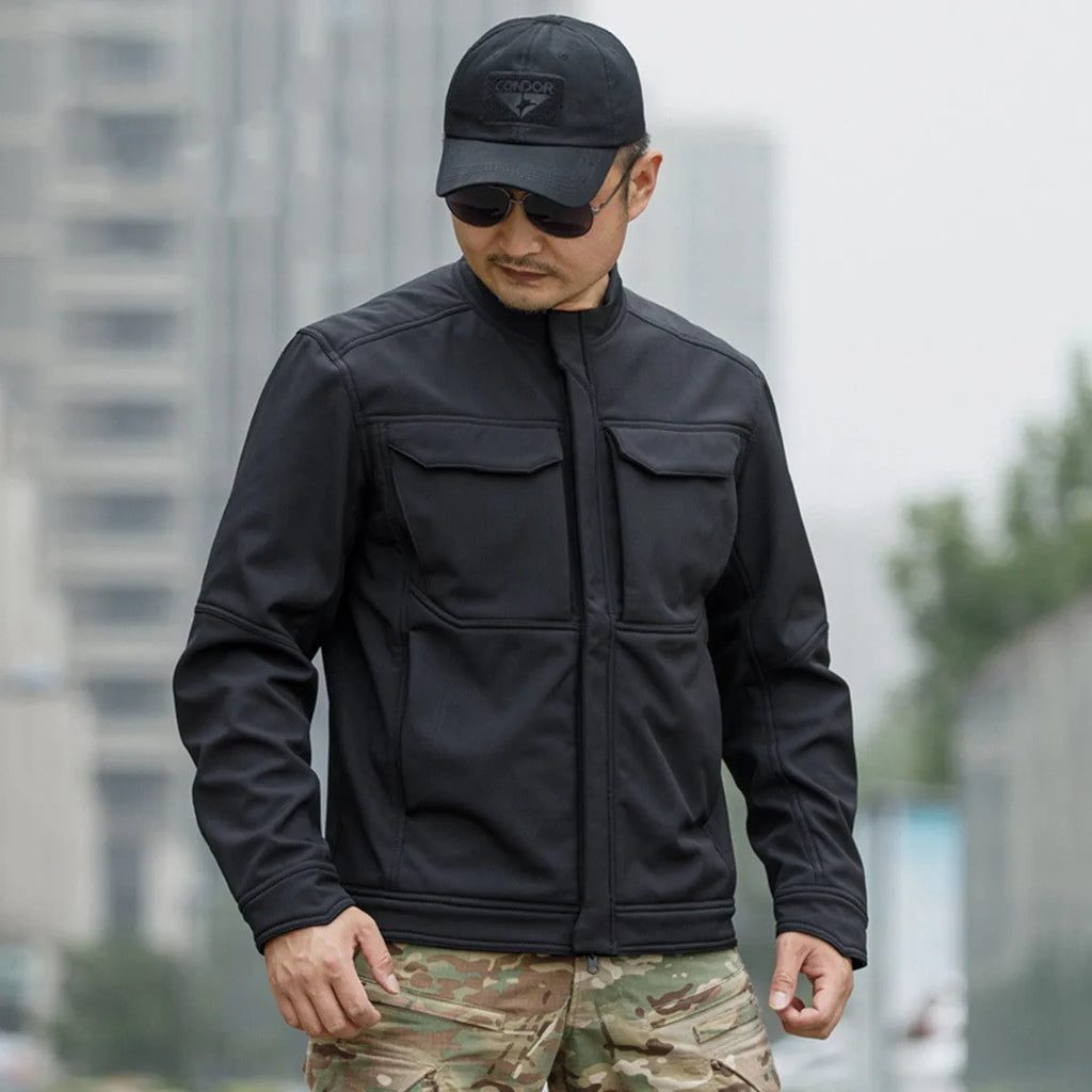 Bone Frog Peak Breaker soft shell tactical jacket in black camouflage colour for outdoor mountaineering.