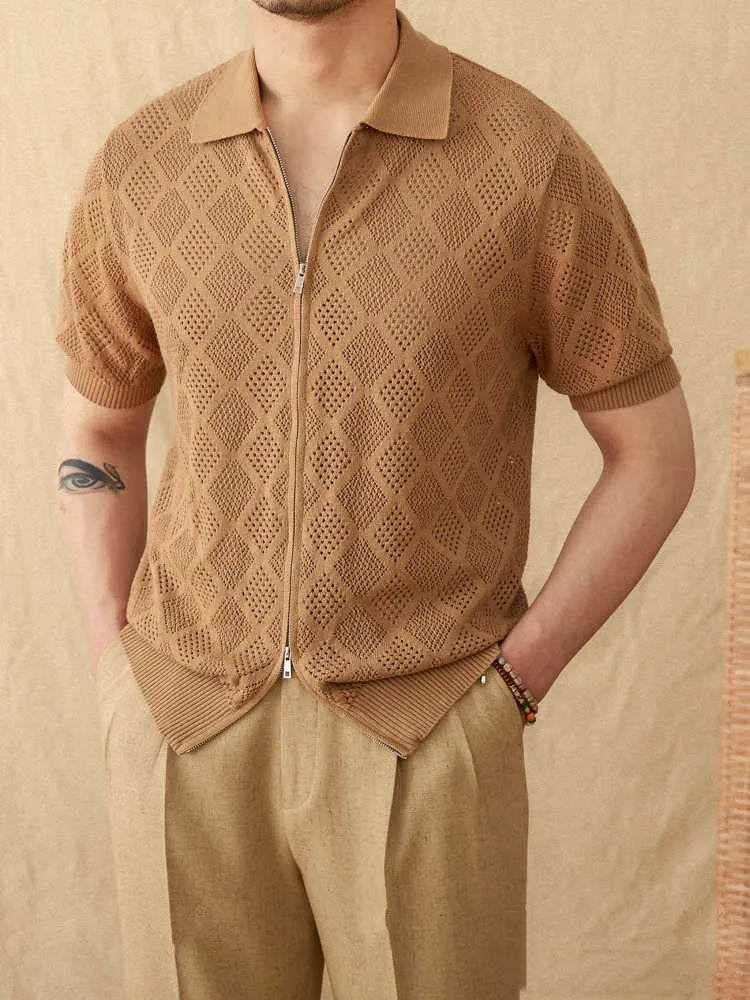 Light brown cotton short sleeve cardigan with lapel collar and full-length front zipper.