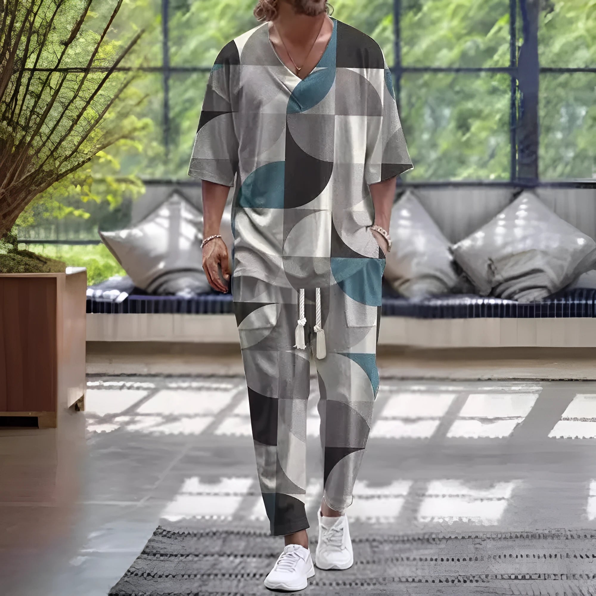Women's light grey cropped sleeve V-neck jacket and trousers suit set laid flat.