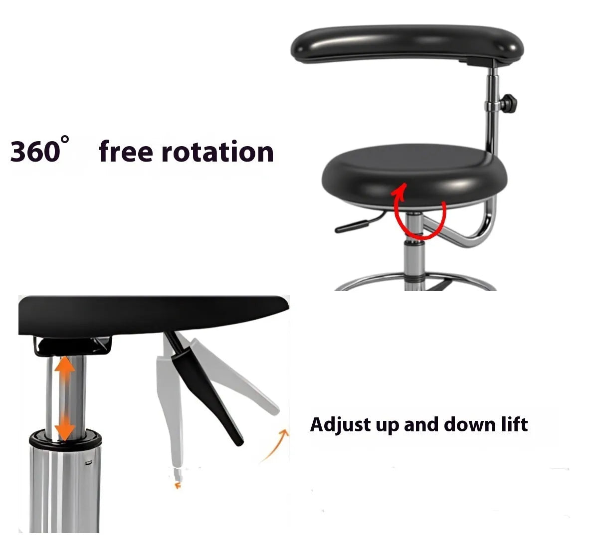 Black leather hydraulic dental chair for hospital patient treatment with height adjustment mechanism