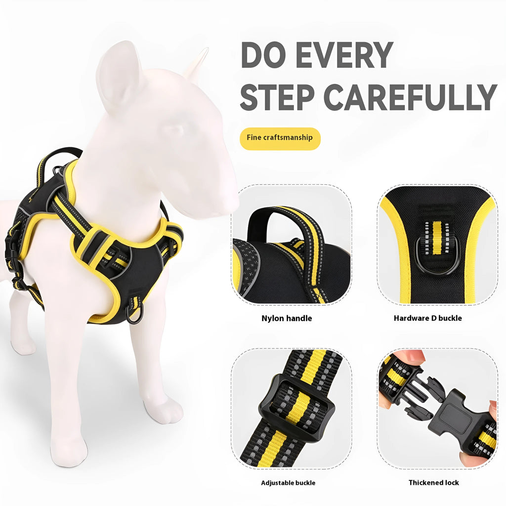 Yellow and orange polyester dog harness traction strap set for outdoor training.