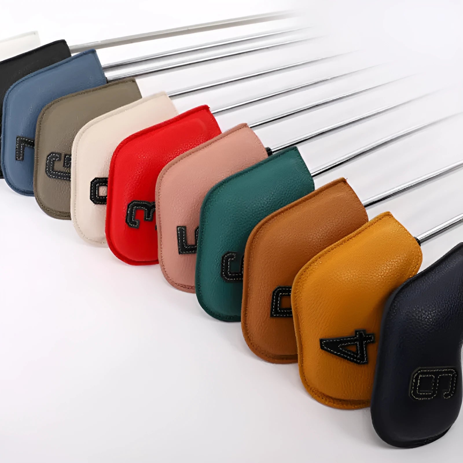 Set of 10 colourful digital print golf club head covers in PU leather for driver, woods, and irons