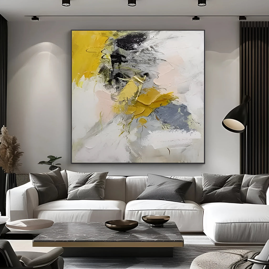 Hand painted abstract oil painting on canvas, modern square artwork, gold and black tones, for living room wall decor