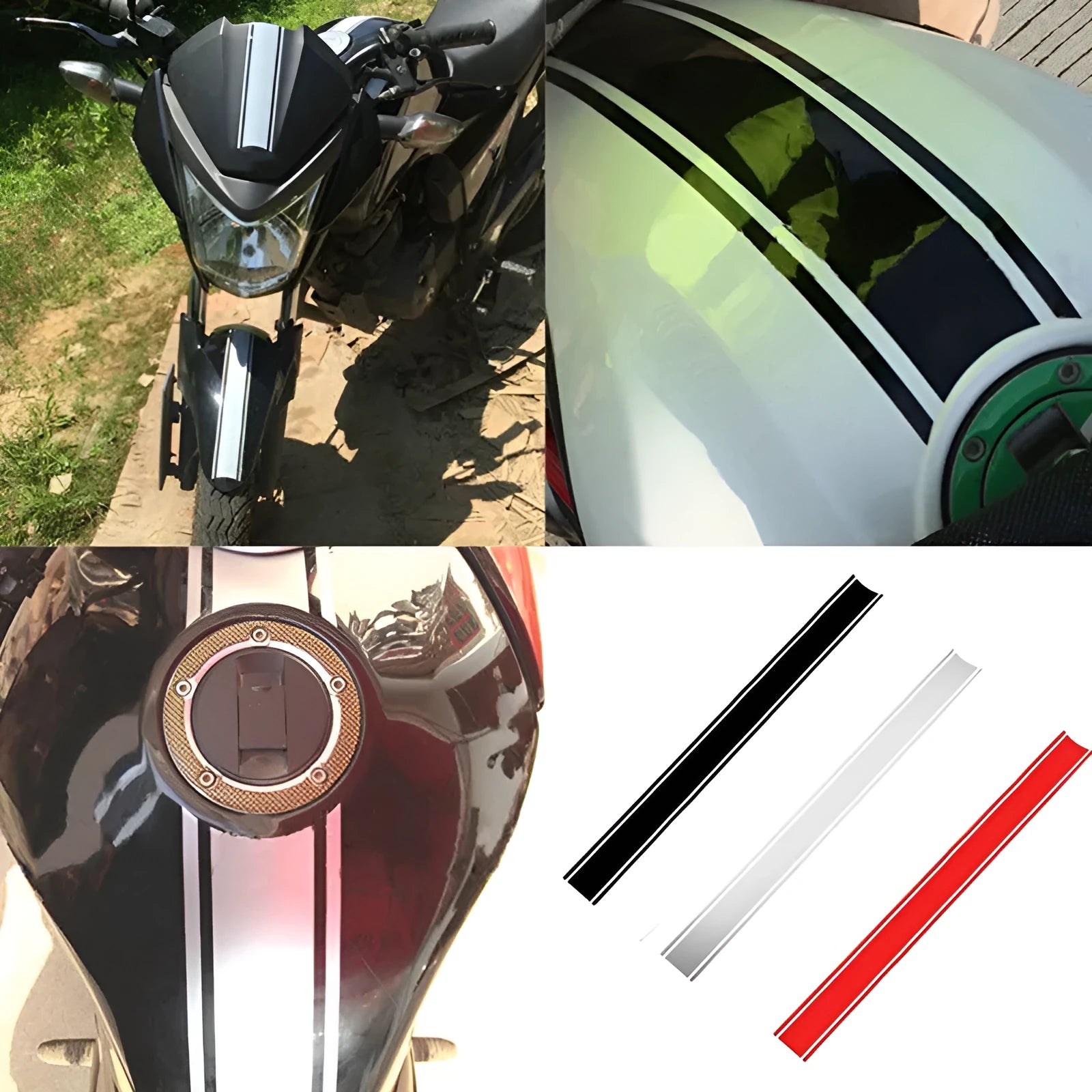 Long black and silver reflective pinstripe sticker for motorcycle gas tank lid.