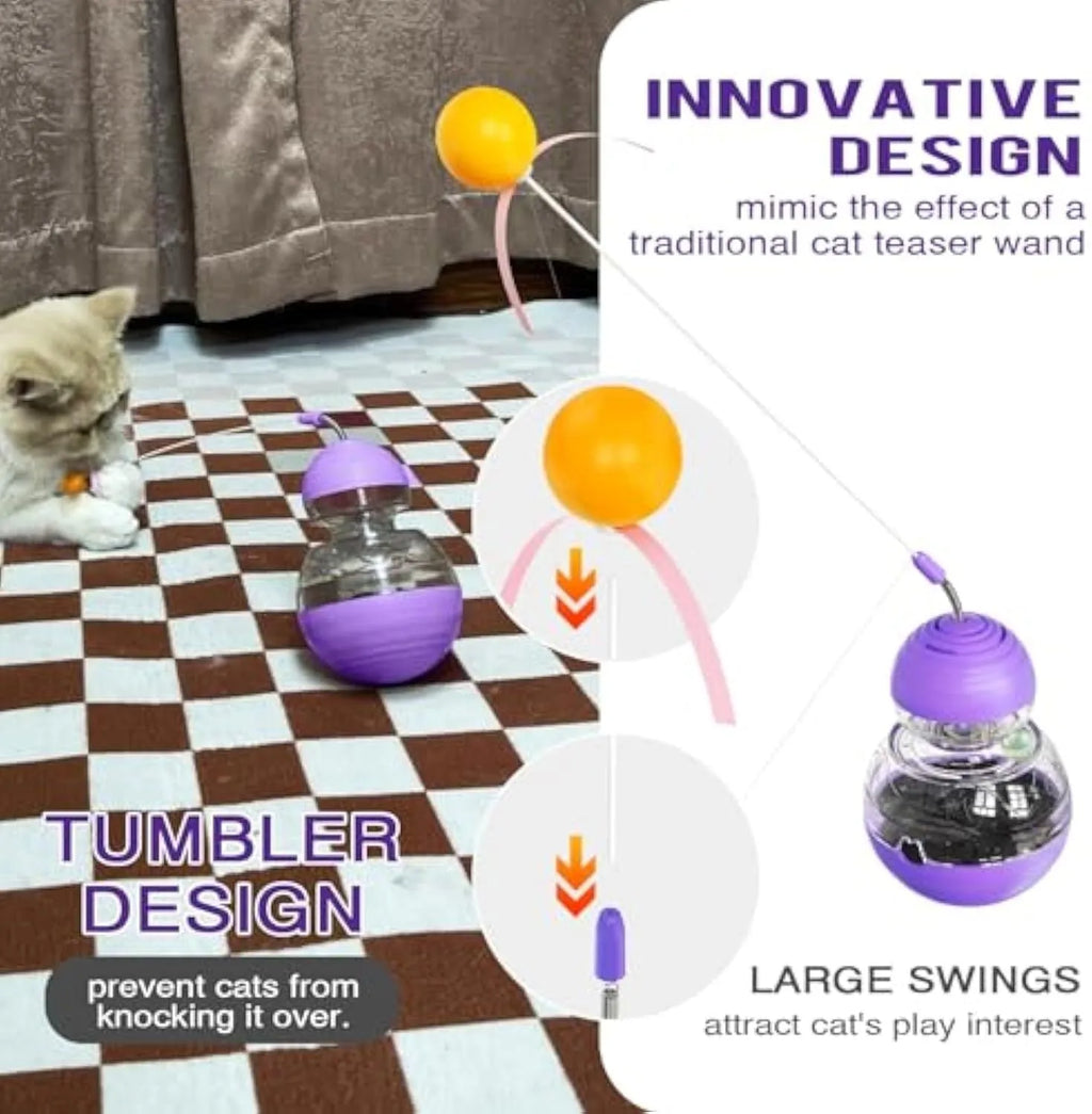 Rocking cat interactive toy with teaser stick and slow food dispenser in pink, purple, or yellow.