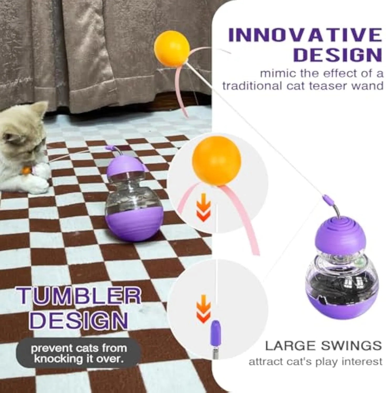 Rocking cat interactive toy with teaser stick and slow food dispenser in pink, purple, or yellow.