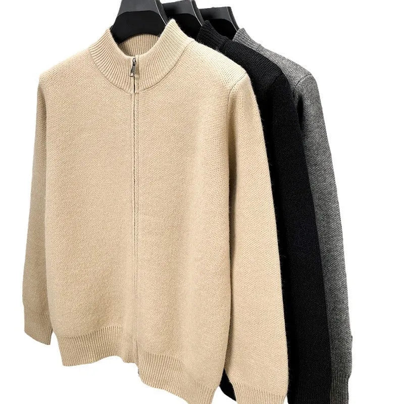 Men's stand collar knitted cardigan with front zipper in loose fit casual style