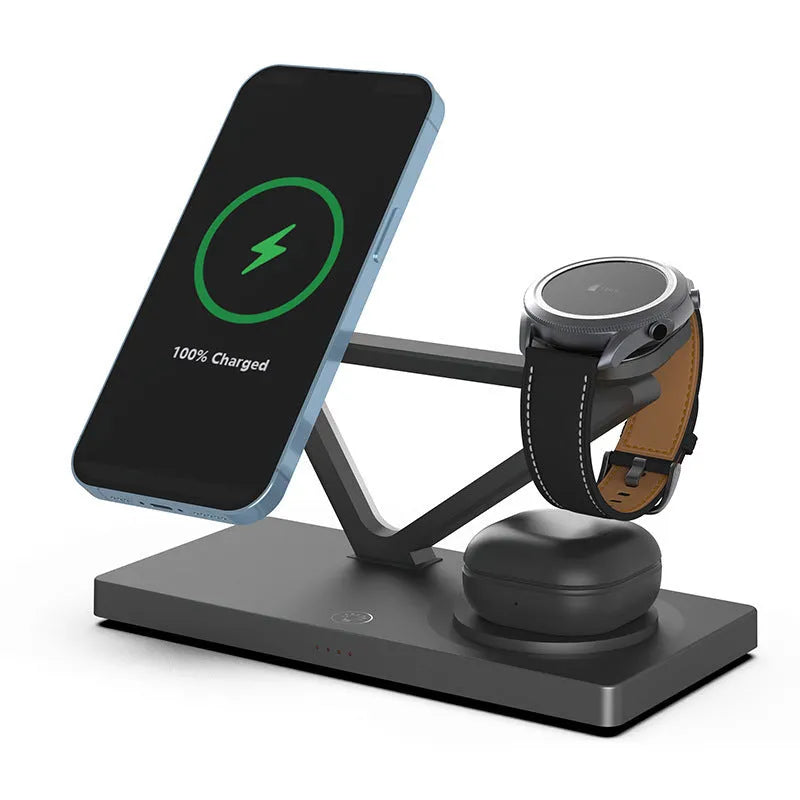 Five-in-one wireless charging night lamp showing magnetic bracket, watch charging position, and circular base station