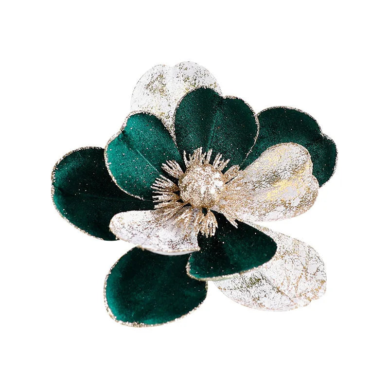 Set of three 15cm flannel Christmas flower ornaments in Champagne Gold, Dark Green, and Wine Red for tree decoration