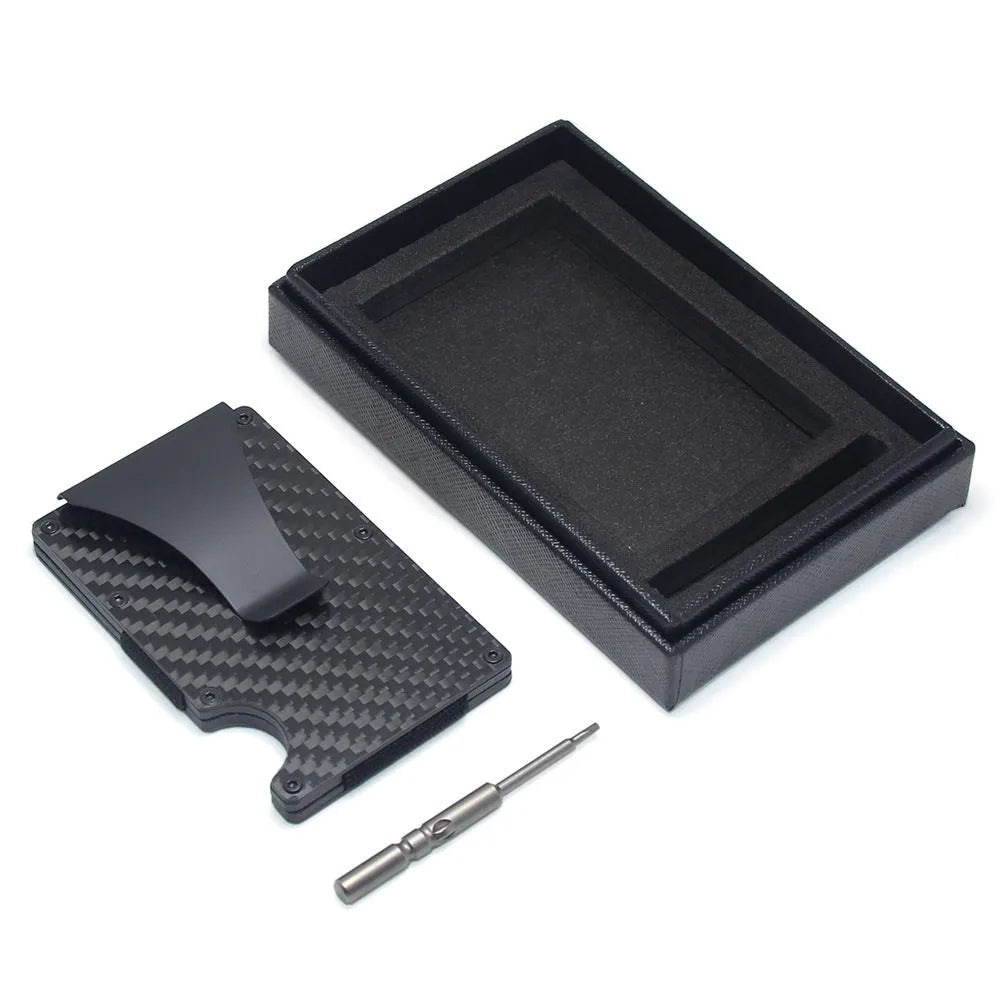 Geometric carbon fibre card wallet with business cards showing 8mm thickness