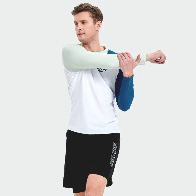 Men's white long-sleeve swim top with matching blue swimming trunks set for water sports
