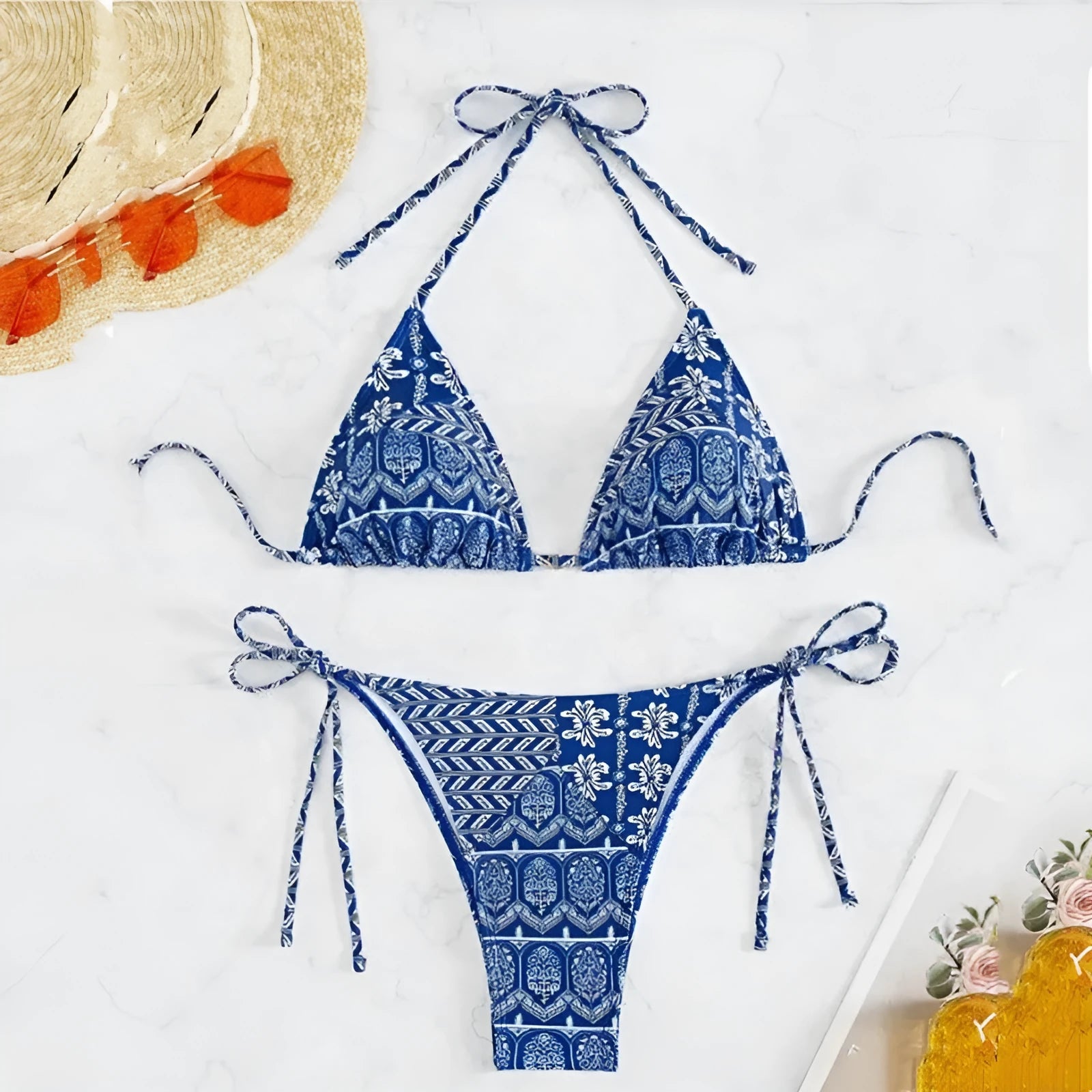 Women's bandage-style split bikini swimsuit with printing and stitching detail in multiple colours