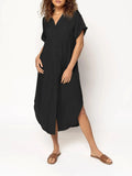 Mid-length casual dress with button front in solid colour, showing loose Japanese Korean fit