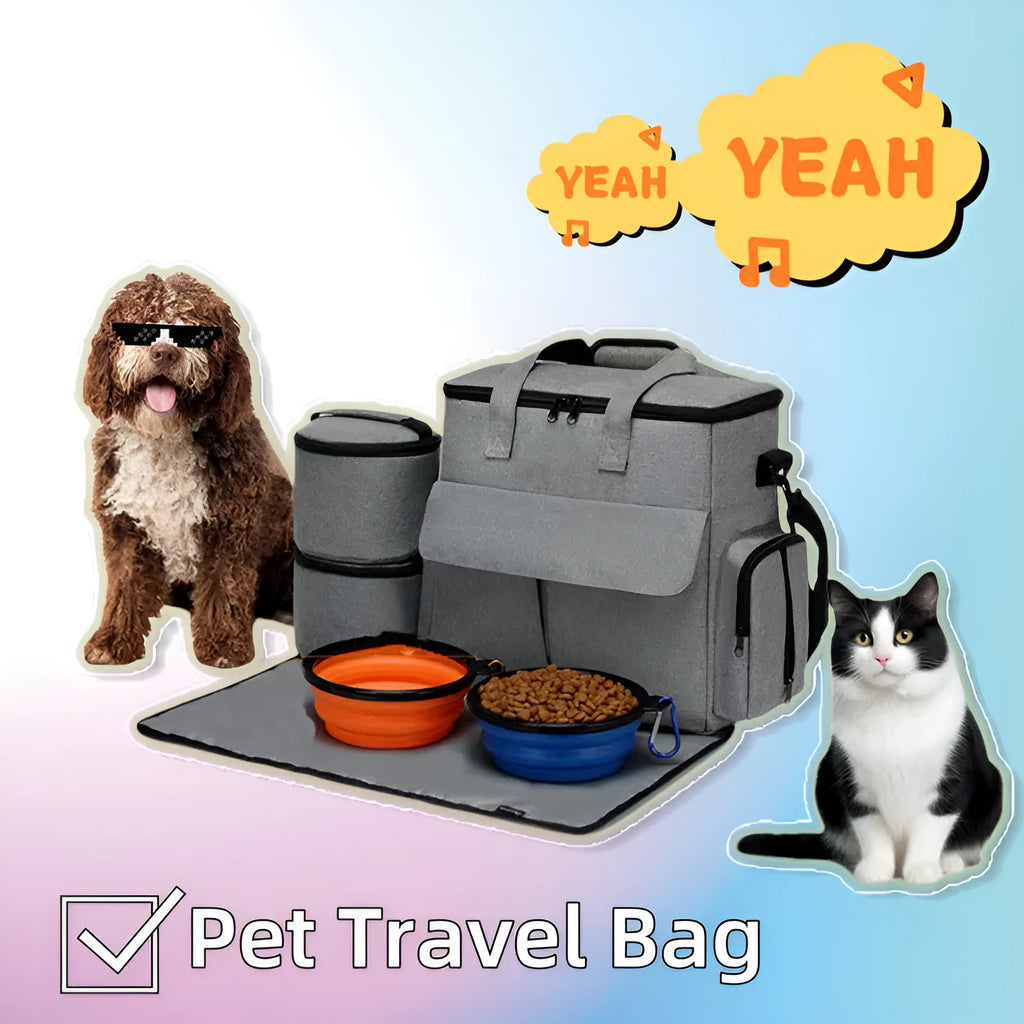 Grey dog travel backpack kit with removable divider and bonus training bag on a white background