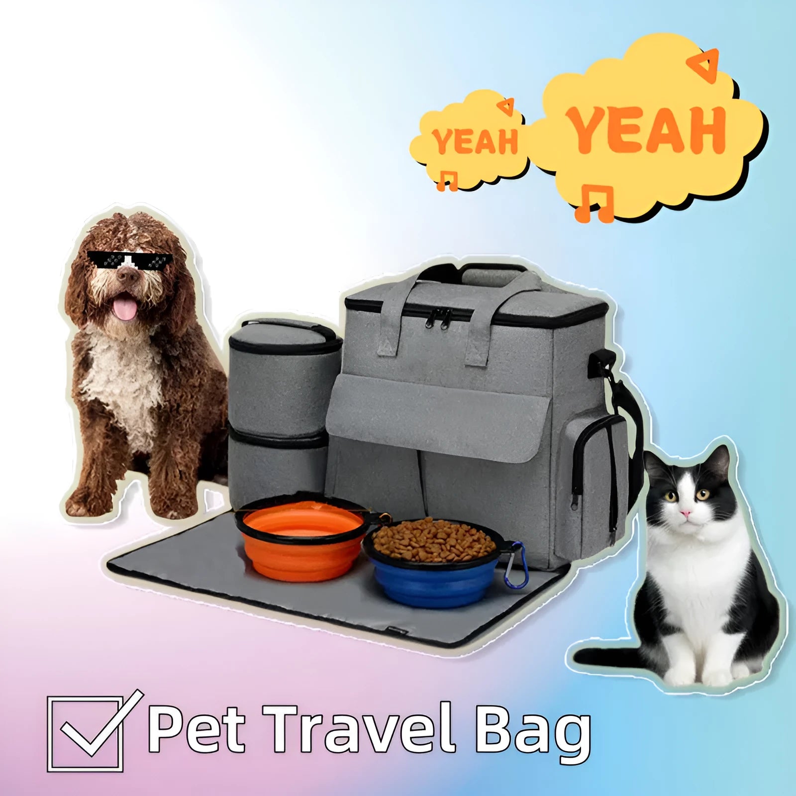 Grey dog travel backpack kit with removable divider and bonus training bag on a white background