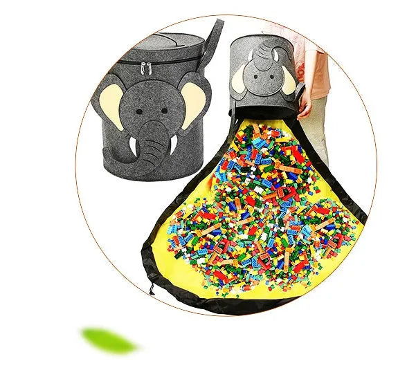 Green felt cube storage bag with pull rope, shown both as a closed bag and flattened as a play mat.