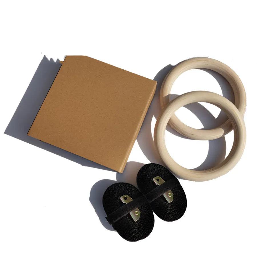 Fitness wooden ring suspension training belt set with birch rings and polyester webbing in wood colour
