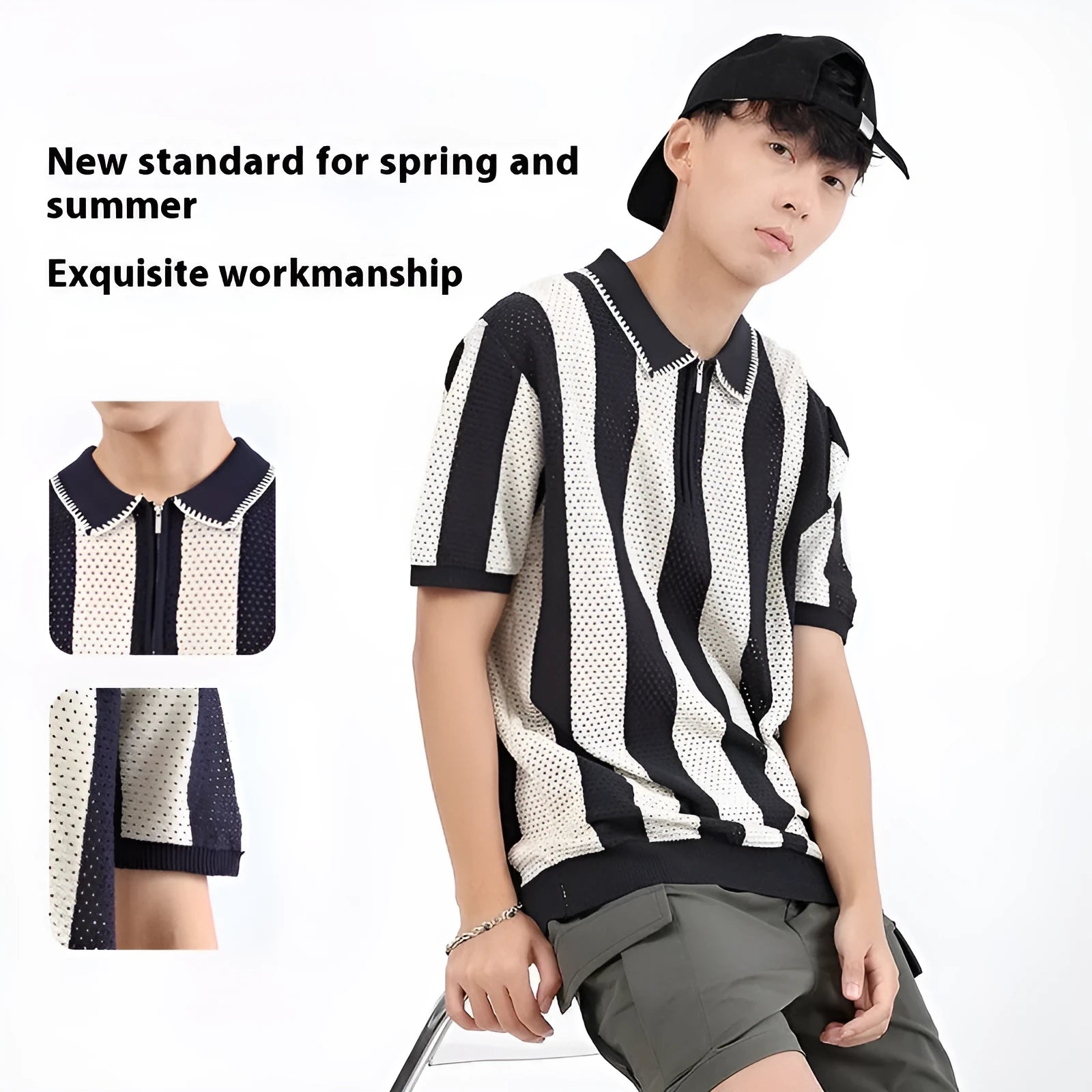 Men's striped short sleeve summer sweater in ice silk fabric with zipper decoration