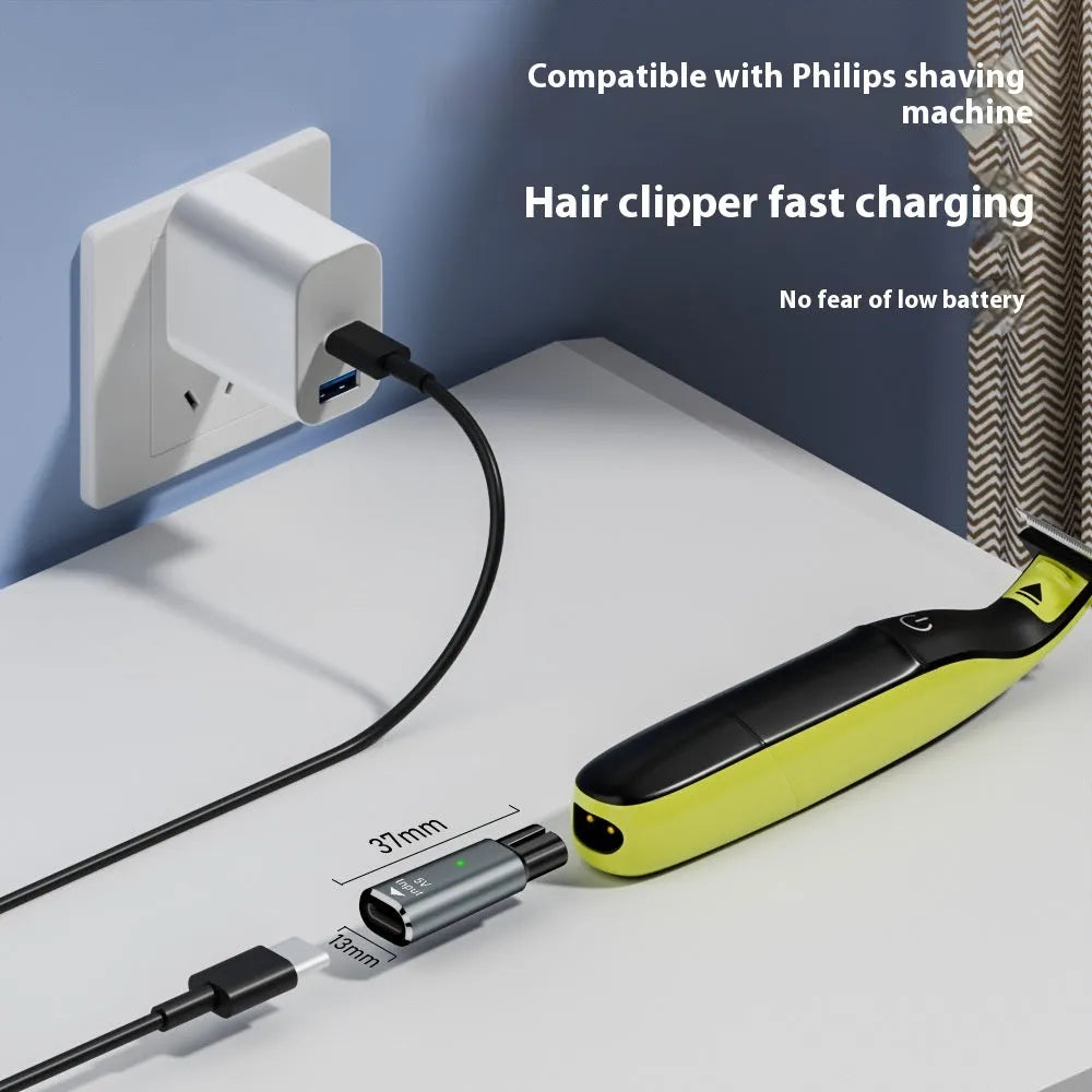 Black or grey aluminium alloy USB-C charging adapter for 4.3V electric shavers and clippers