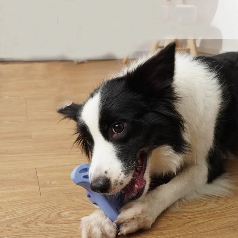 Blue bite-resistant boomerang chew toy for medium and large breed dogs on a plain background