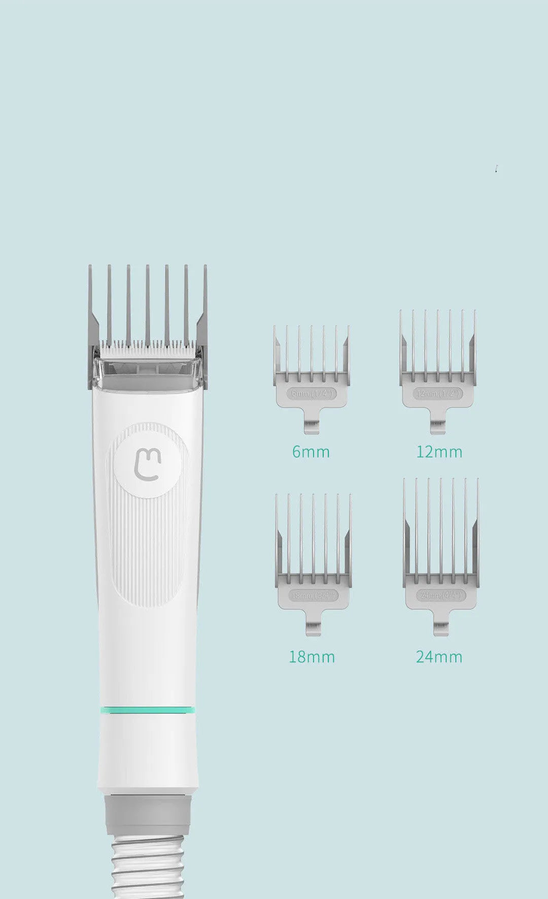 White pet grooming clipper kit with electric trimmer, scissors, combs, and cleaning brush
