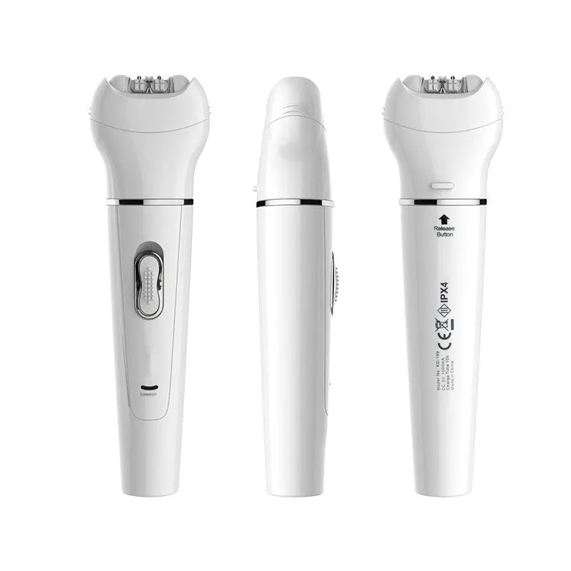 White 5-in-1 electric face and body massager scrubber with 5 interchangeable heads and rechargeable base