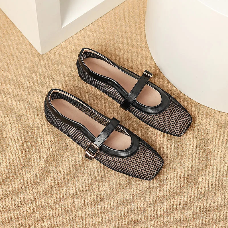 Women's beige mesh summer shoes with square toe, buckle closure, and low flat heel.