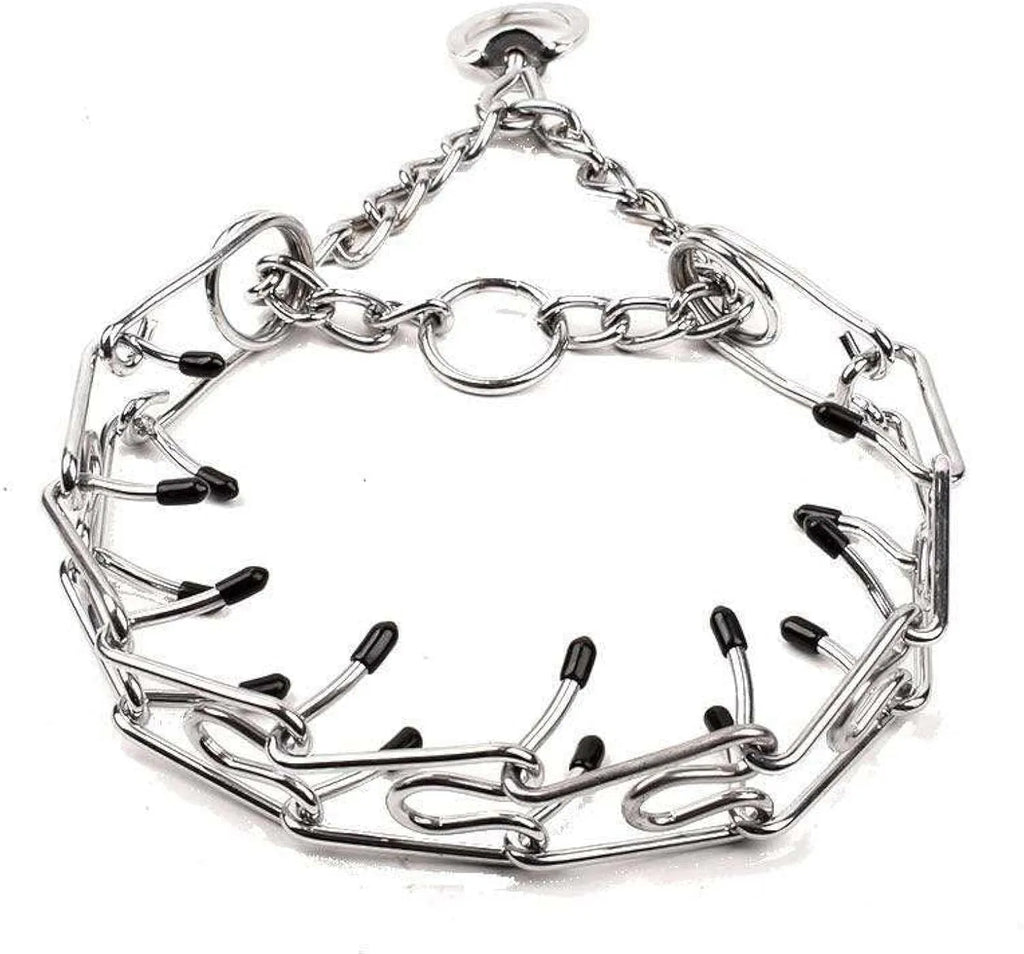 Stainless steel dog pinch training collar with round links and black rubber tips, shown on a size chart.