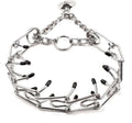 Stainless steel dog pinch training collar with round links and black rubber tips, shown on a size chart.