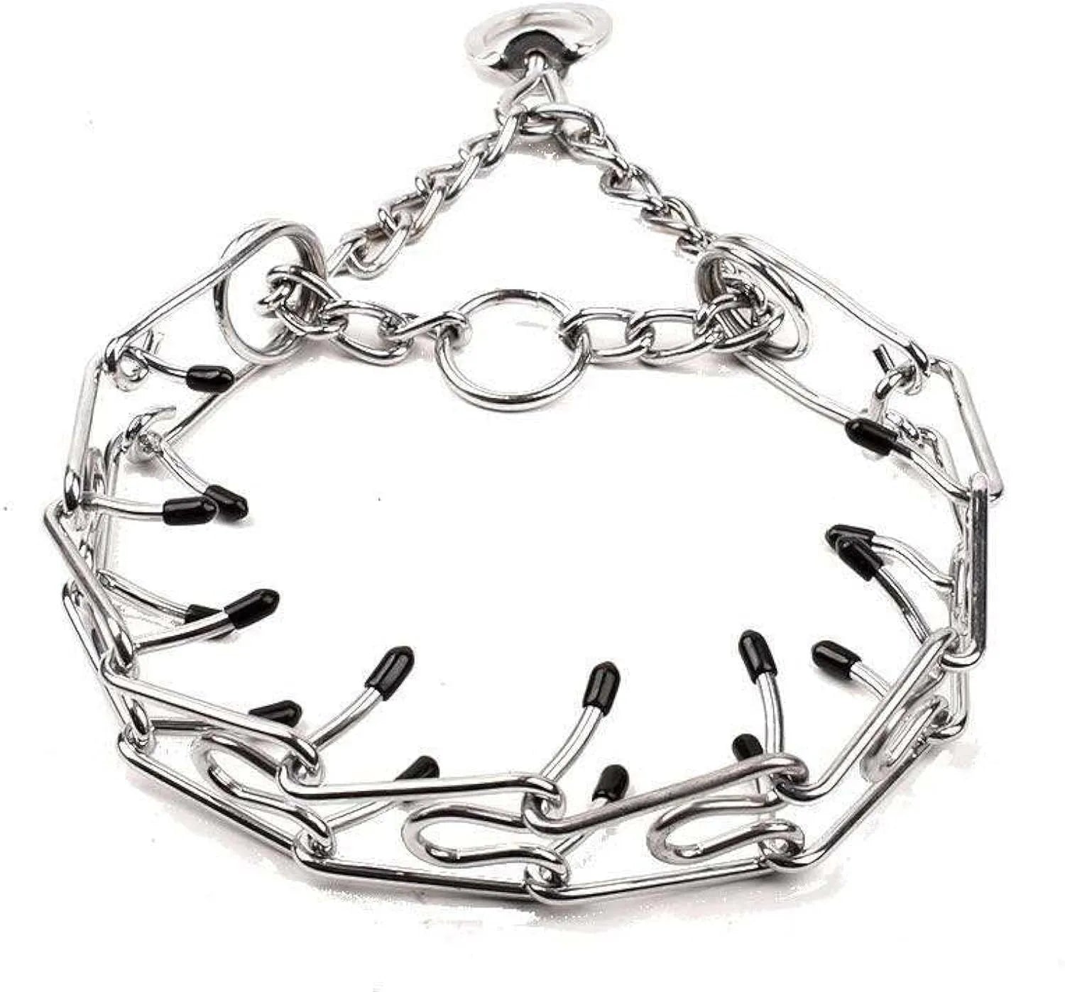 Stainless steel dog pinch training collar with round links and black rubber tips, shown on a size chart.