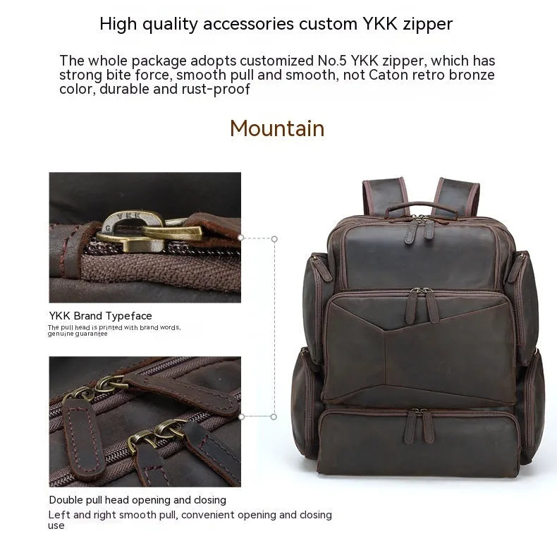 Dark brown genuine leather backpack with 17-inch laptop compartment and double shoulder straps