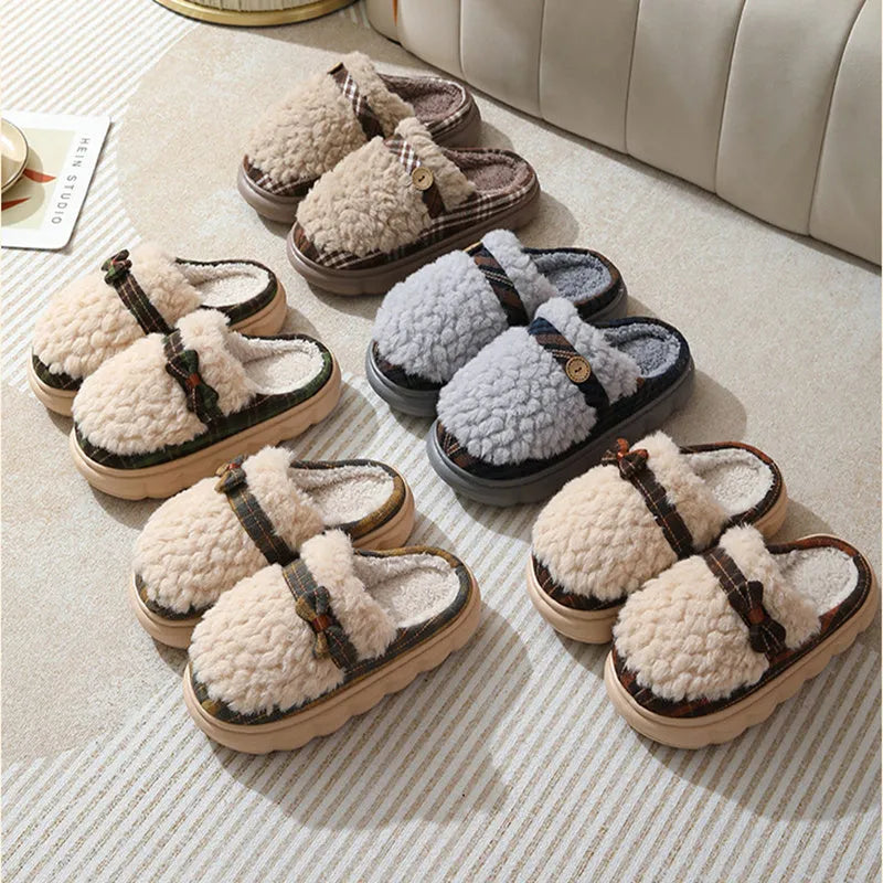 Women's winter plush slippers with bow button, non-slip thick sole, in brown colour