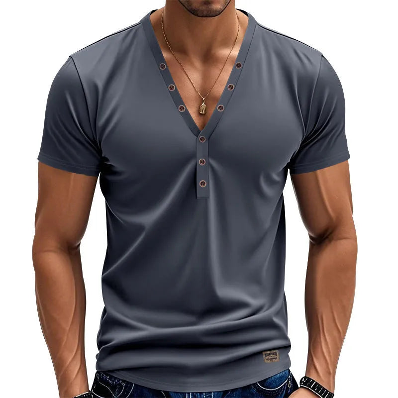 Men's loose fit V-neck pullover with button design in polyester blend fabric for sports