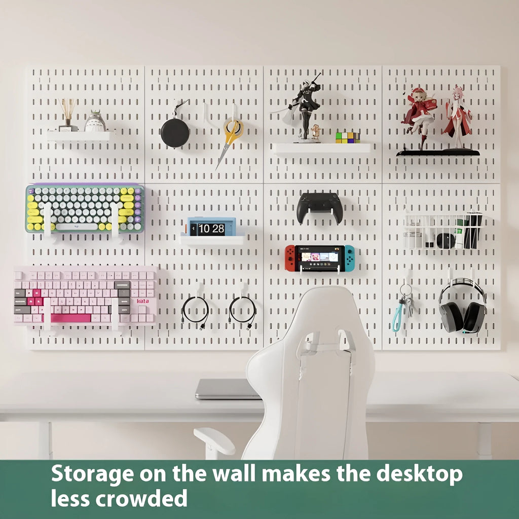 White punch-free wall storage rack with wire-wrap board for cable organisation