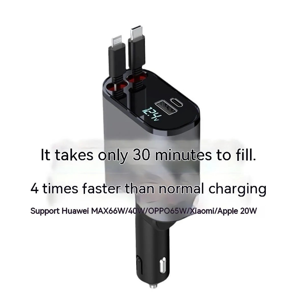 Car USB charger with retractable cable and four charging ports for multiple devices